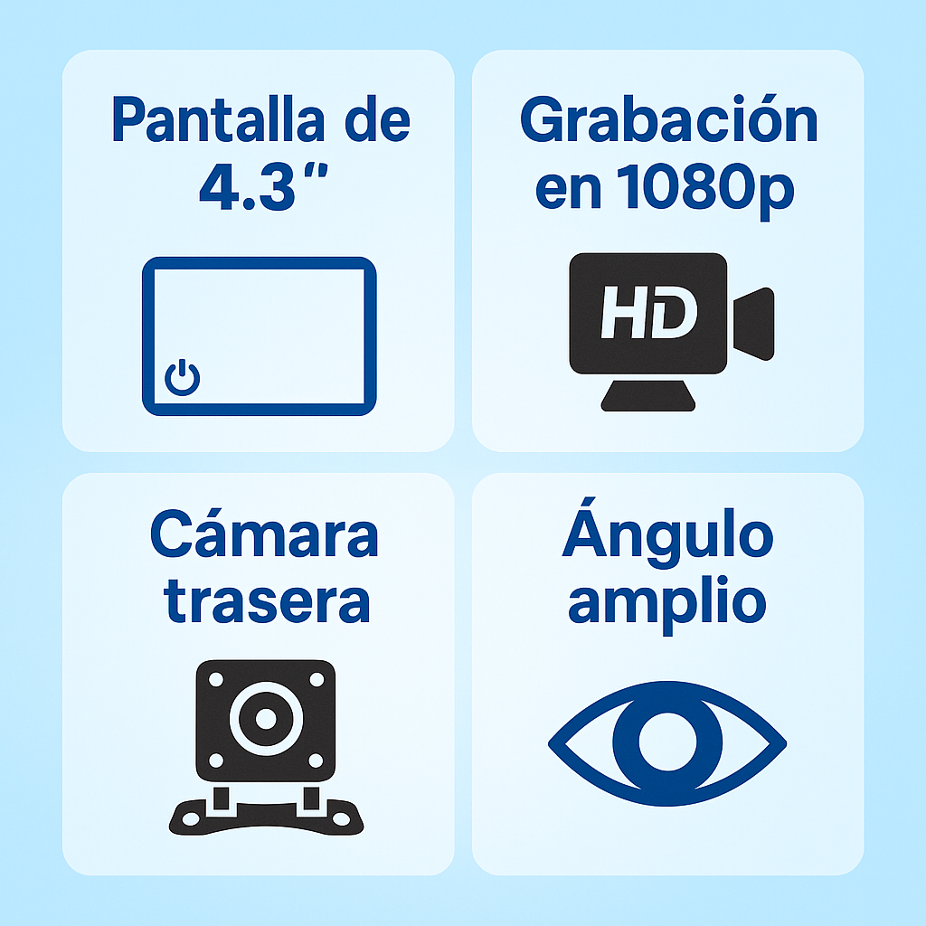 Espejo Retrovisor con Pantalla 4.3” + Cámara de Reversa | 1080p | Gran Angular